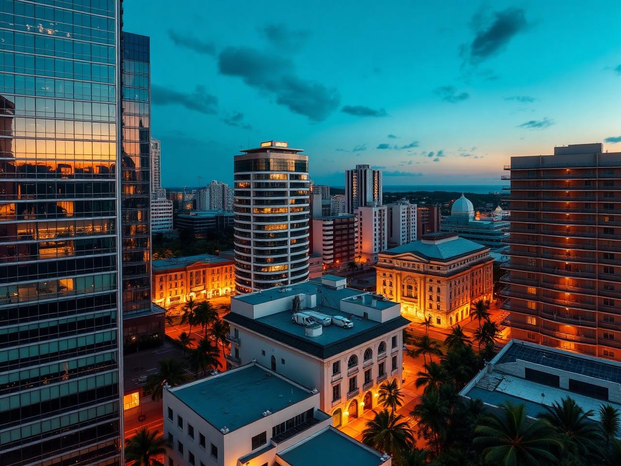 Quartier d'affaires caribéen au crépuscule